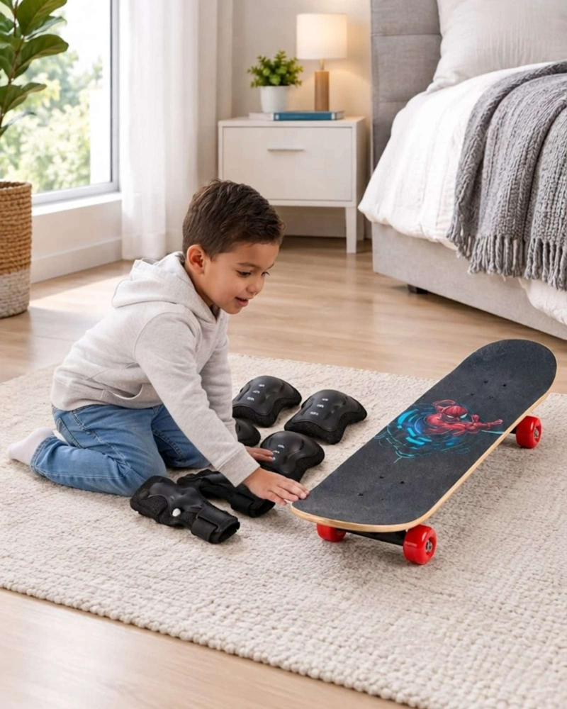PATINETA INFANTIL DE MADERA CON KIT DE PROTECCION COMPLETO NEGRO Y CASCO - 4