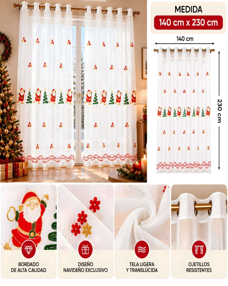 SET DE 2 CORTINAS VISILLO NAVIDEÑAS TRASLUCIDAS BORDADAS 140X230 CM - 5