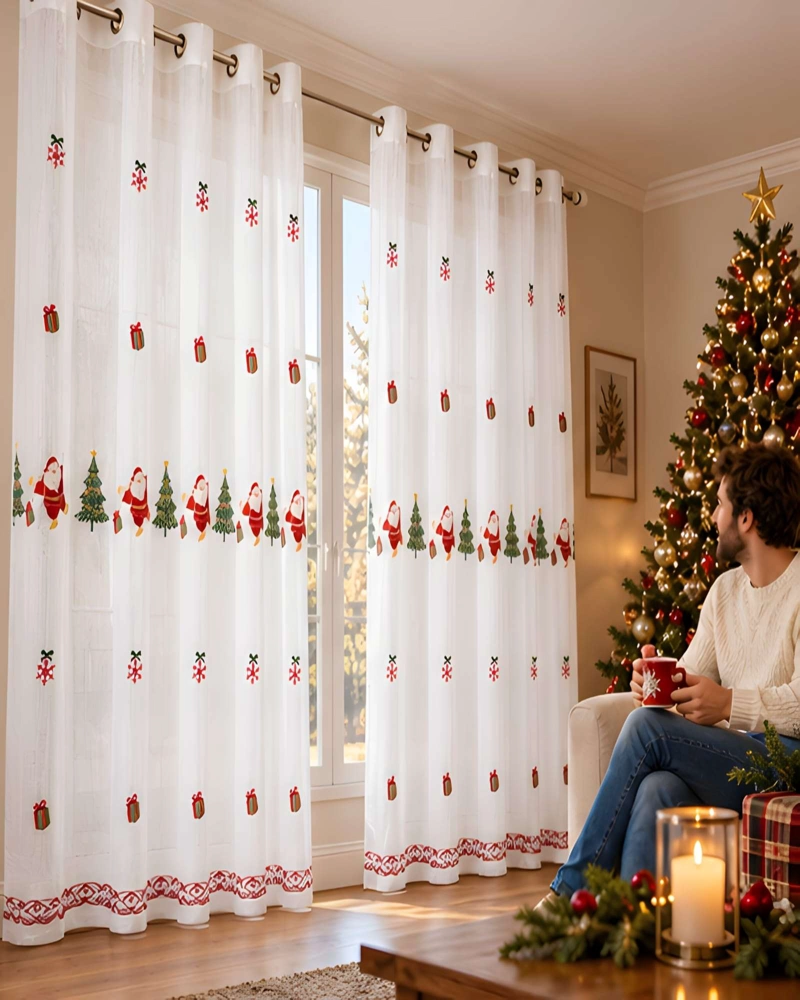 SET DE 2 CORTINAS VISILLO NAVIDEÑAS TRASLUCIDAS BORDADAS 140X230 CM - 4