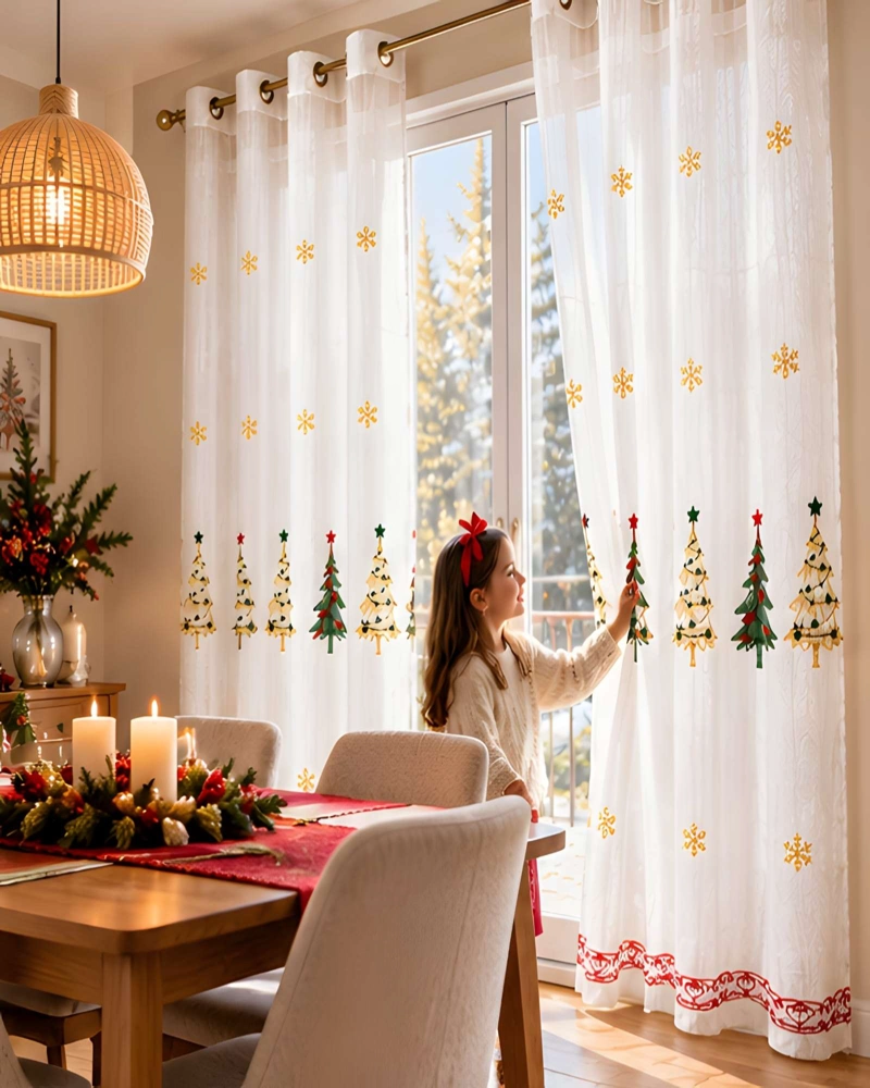 SET DE 2 CORTINAS VISILLO NAVIDEÑAS TRASLUCIDAS BORDADAS 140X230 CM - 2