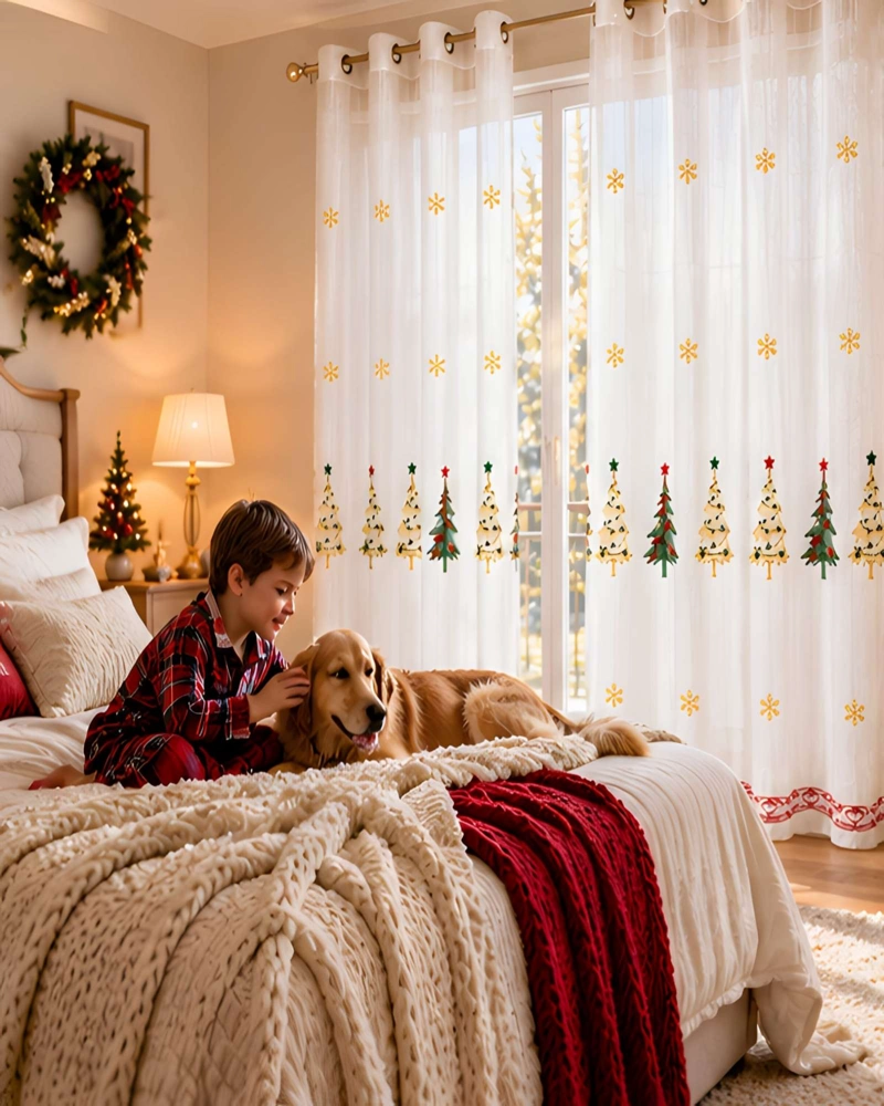 SET DE 2 CORTINAS VISILLO NAVIDEÑAS TRASLUCIDAS BORDADAS 140X230 CM - 3