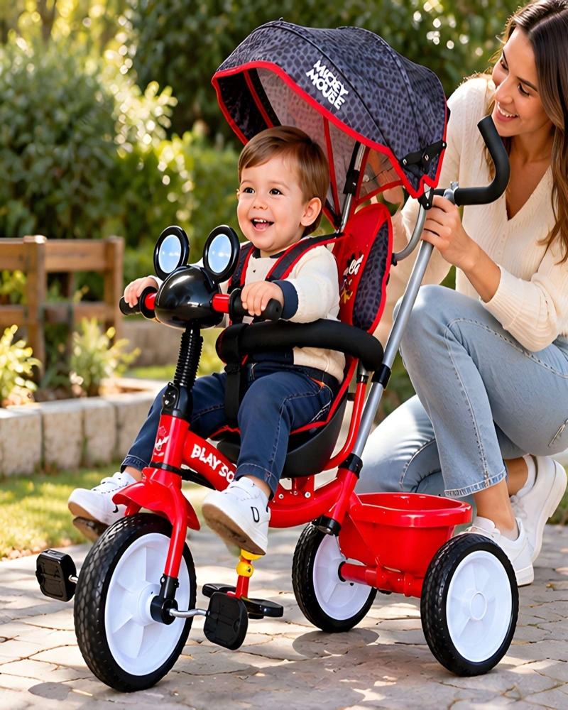 TRICICLO PARA NIÑOS DE MICKEY MOUSE CON BARRA DE SEGURIDAD Y TOLDO - 1