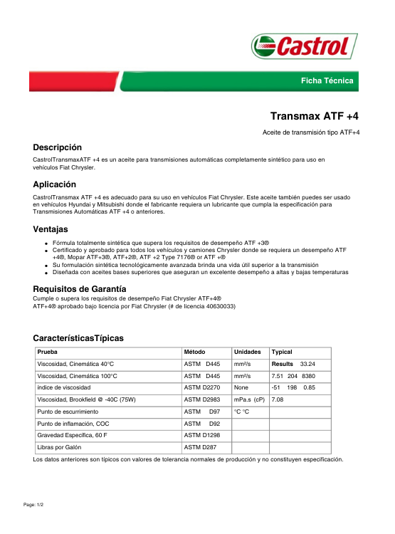 ACEITE CASTROL ATF + 4 (JEEP - CHRYSLER - DODGE) - 3