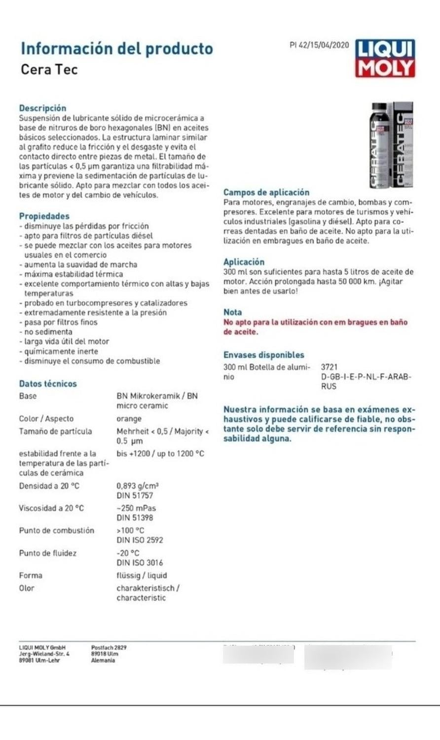 ADITIVO ANTIFRICCIONANTE CERATEC LIQUI MOLY MARCA 300ML - 2