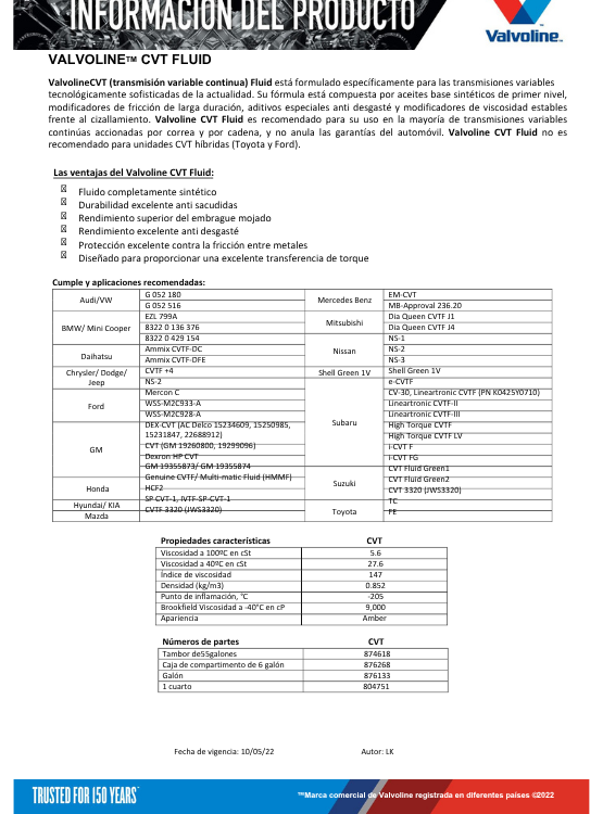 ACEITE TRANSMISIÓN AUTOMÁTICA VALVOLINE ATF CVT 946ML SINTÉT - 3