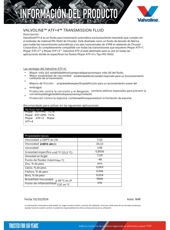 ACEITE VALVOLINE ATF + 4 (JEEP - CHRYSLER - DODGE) - 2