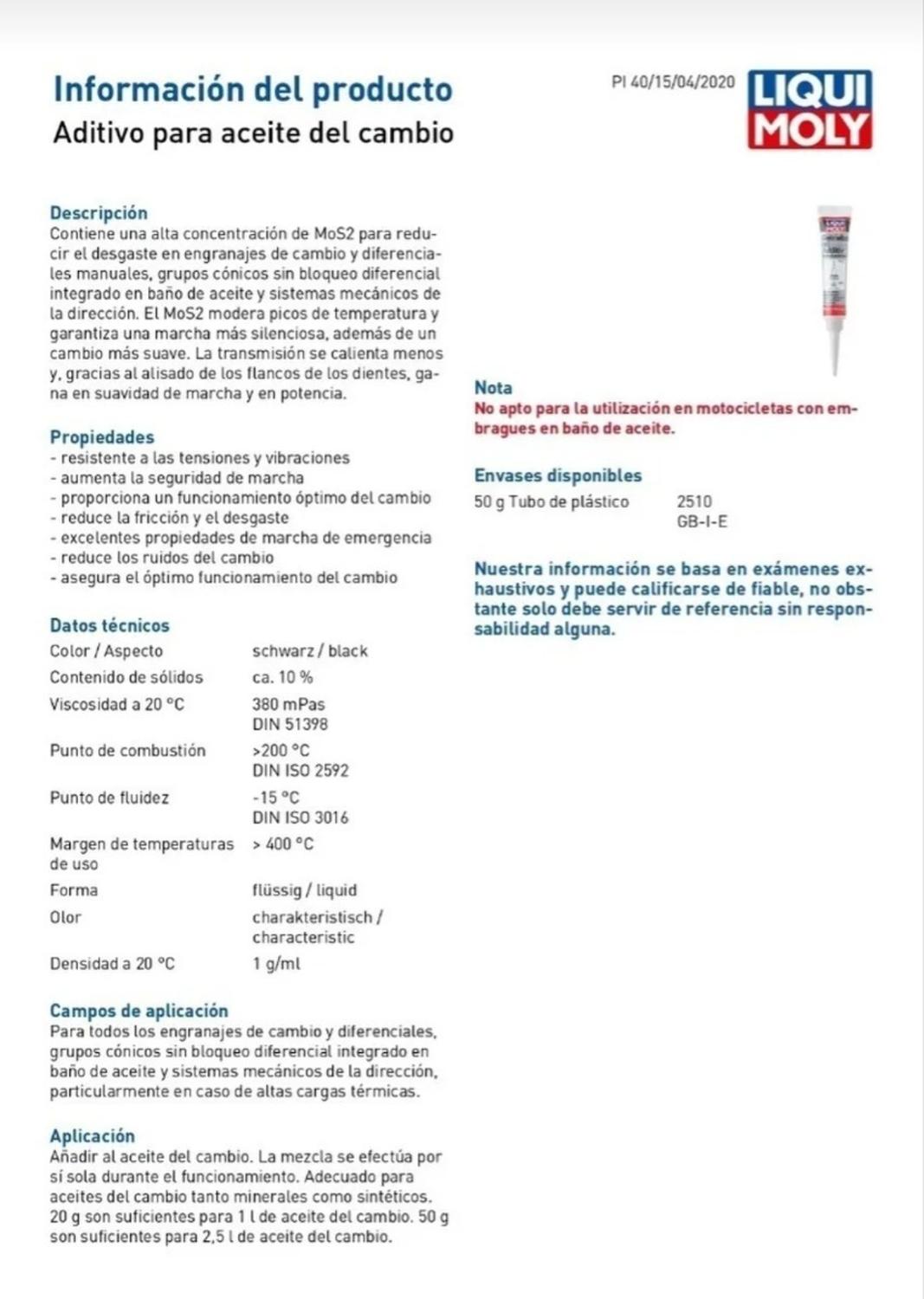 ADITIVO ANFRICCION LIQUI MOLY ANFRICCIÓN MOS2 CAJA Y DIFERENCIAL 20G - 2
