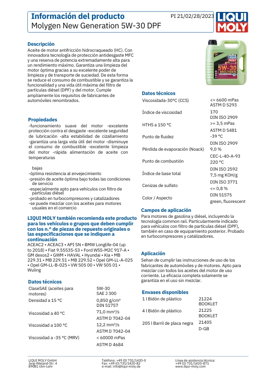 ACEITE MOTOR LIQUI MOLY 5W30 MOLYGEN 1LT LIQUI MOLLY DPF - 2