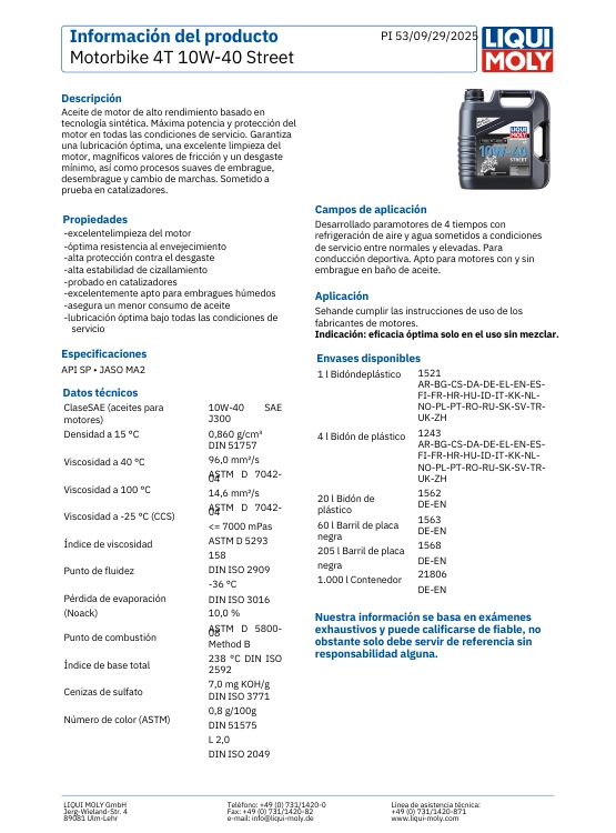 LUBRICANTE MOTOR PARA MOTO 10W40 TEC SINTETICO 4T STREET LIQUI MOLY 1LT. - 3