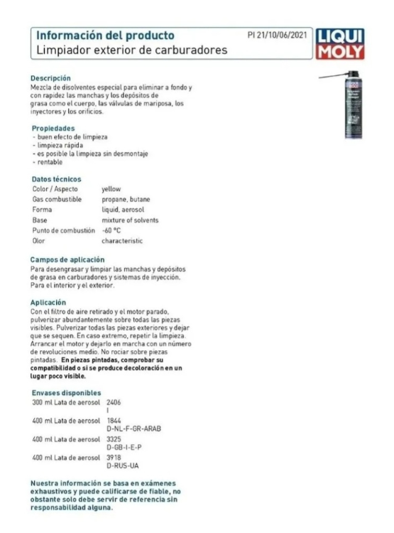 LIMPIADOR EXTERIOR DE CARBURADORES Y EQUIPOS DE INYECCION LIQUI MOLY 400 ML. - 3