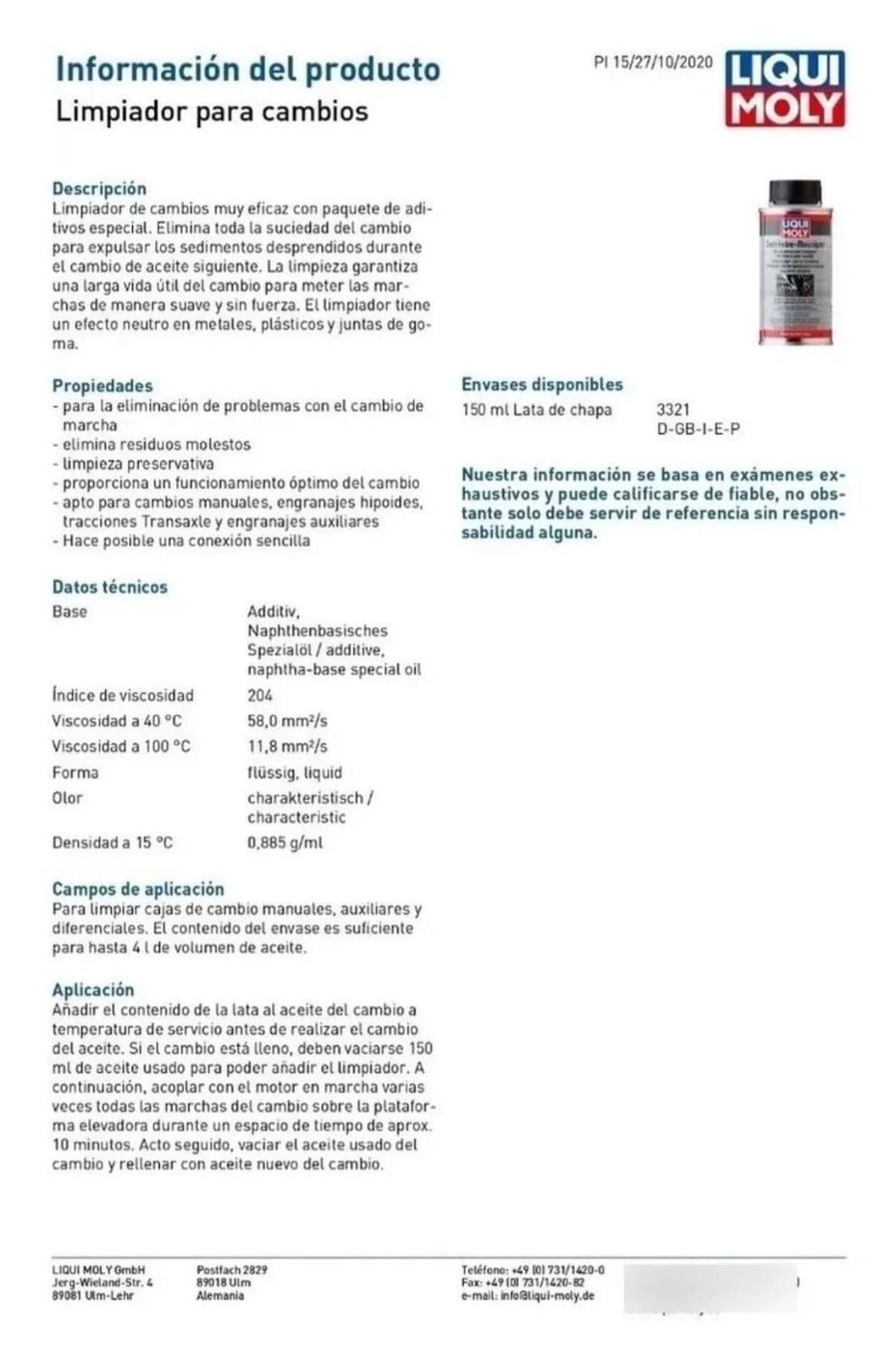 LIMPIADOR INTERNO CAJA MECÁNICA Y DIFERENCIAL LIQUI MOLY 150ML - 2