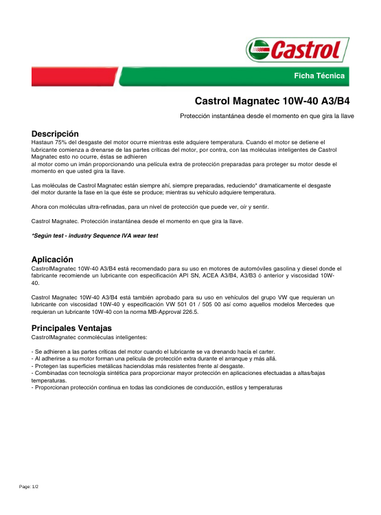 ACEITE MOTOR CASTROL 10W40 MAGNATEC TEC SINTETICA GASOL/DIESEL - 3