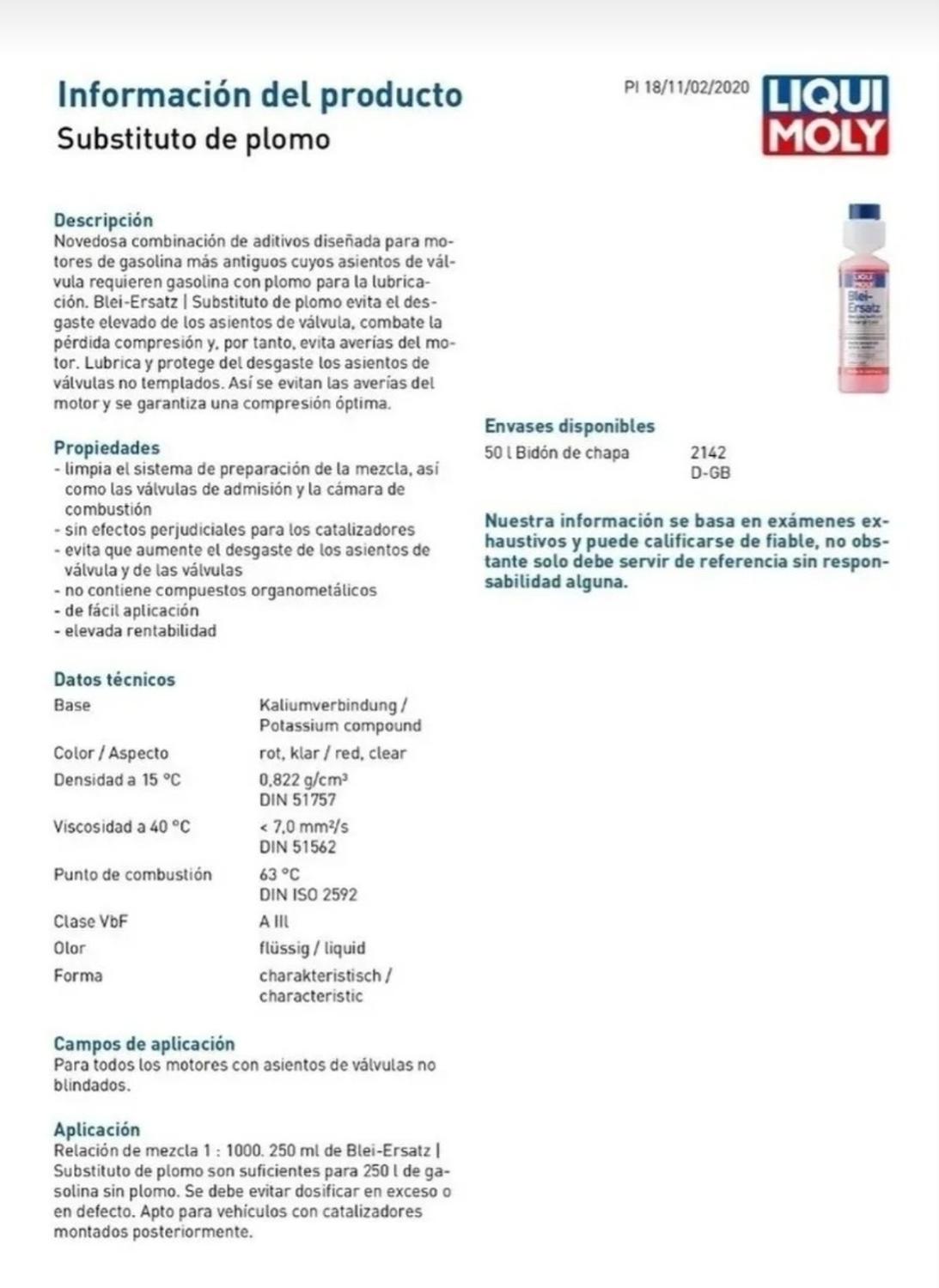 SUSTITUTO DE PLOMO BENCINERO LEAD SUBSTITUTE LIQUI MOLY MARCA 250ML - 2