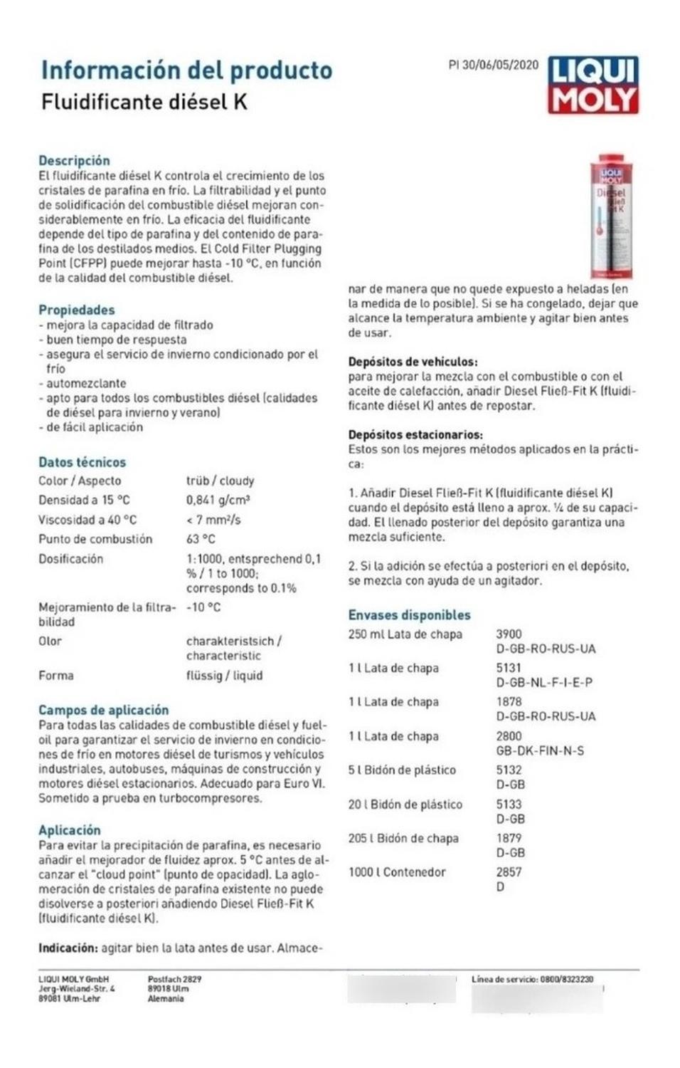 ADITIVO ANTICONGELANTE PARA PETROLEO/DIESEL LIQUI MOLY 1LT - 2