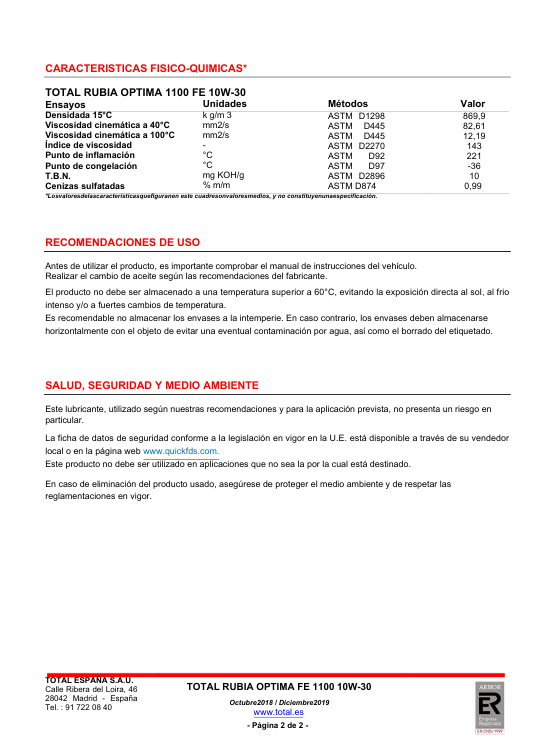 ACEITE MOTOR TOTAL RUBIA OPTIMA 10W30 DIESEL CK4 - 4
