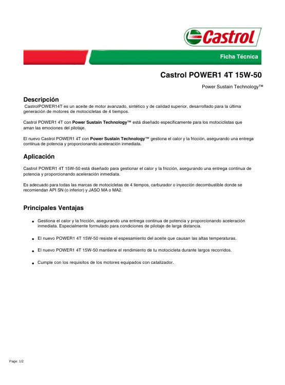 ACEITE MOTOR CASTROL 15W50 4T 2LT PARA MOTOS - 2