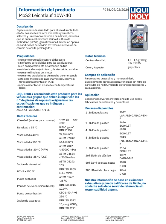 LUBRICANTE MOTOR SEMISINTETICO 10W40 CON MOLIBDENO MOS2 1 LT. - 3