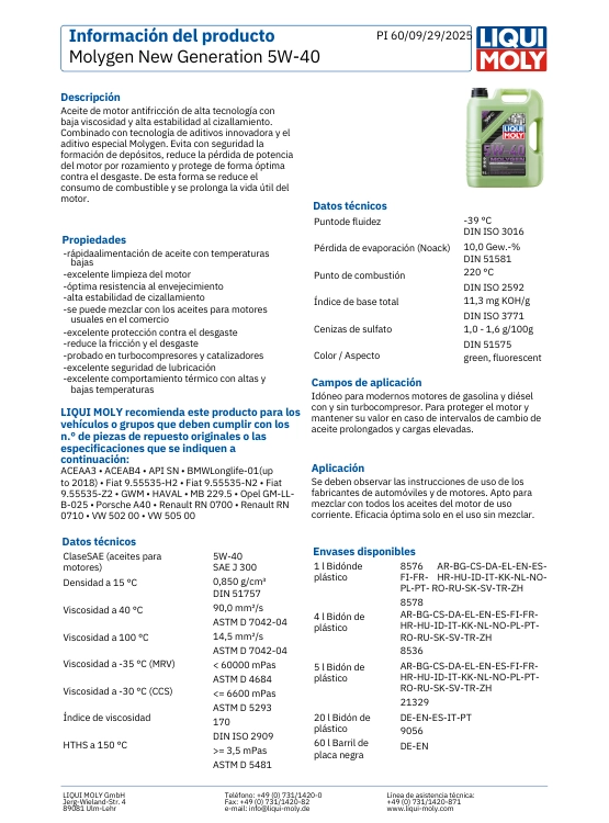 LUBRICANTE MOTOR 5W40 MOLYGEN LIQUI MOLY 1 LT. - 2