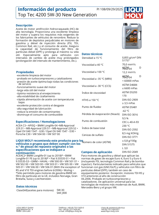LUBRICANTE MOTOR 5W30 TOP TEC 4200 LIQUI MOLY 1LT. - 2
