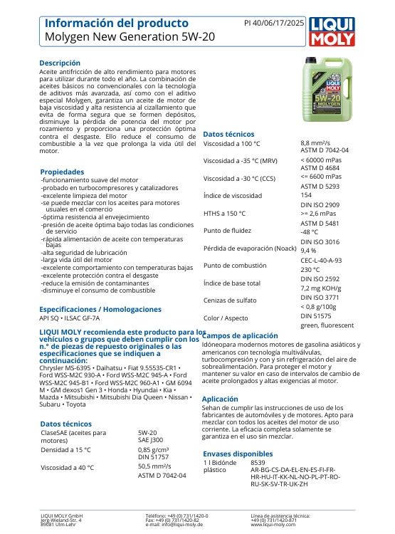 LUBRICANTE MOTOR 5W20 MOLYGEN LIQUI MOLY 5 LTS. - 2