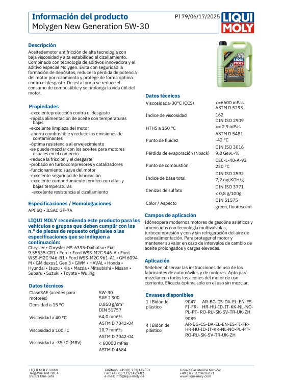 LUBRICANTE MOTOR 5W30 MOLYGEN LIQUI MOLY 4 LTS. GASOLINA - 2
