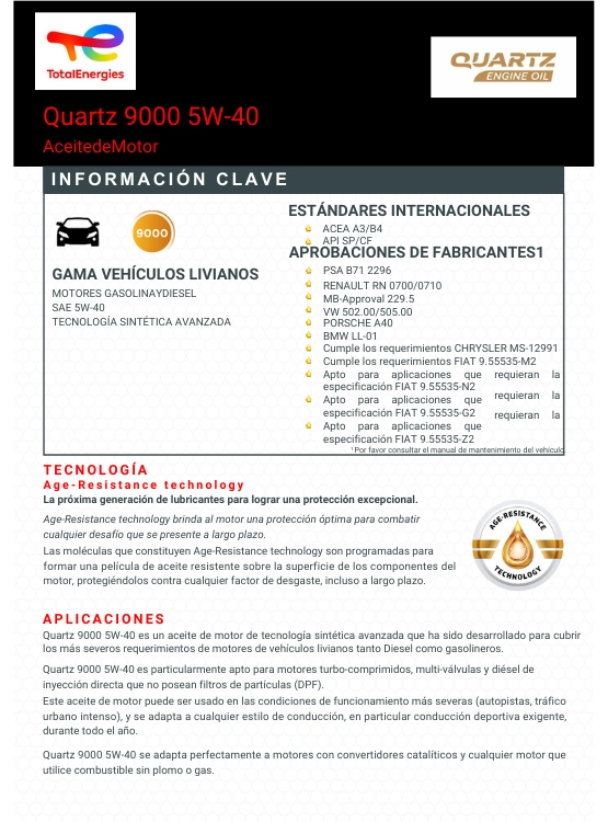 LUBRICANTE MOTOR 5W40 TOTAL 9000 NORMA VW 502 00 505 00 1 LT. - 2