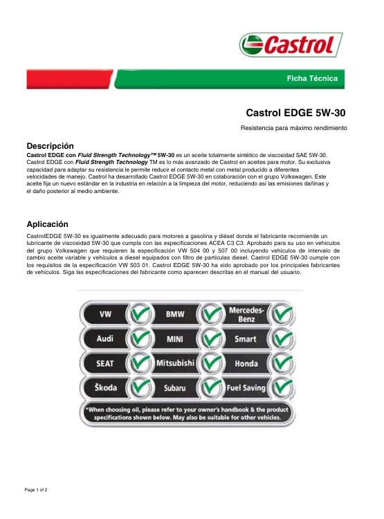LUBRICANTE MOTOR 5W30 SINTETICO CASTROL EDGE 1 LT. - 2