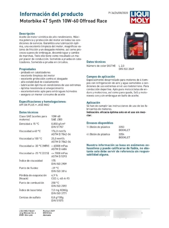 ACEITE PARA MOTO 10W60 OFFROAD RACE LIQUI MOLY 1 LT. - 3