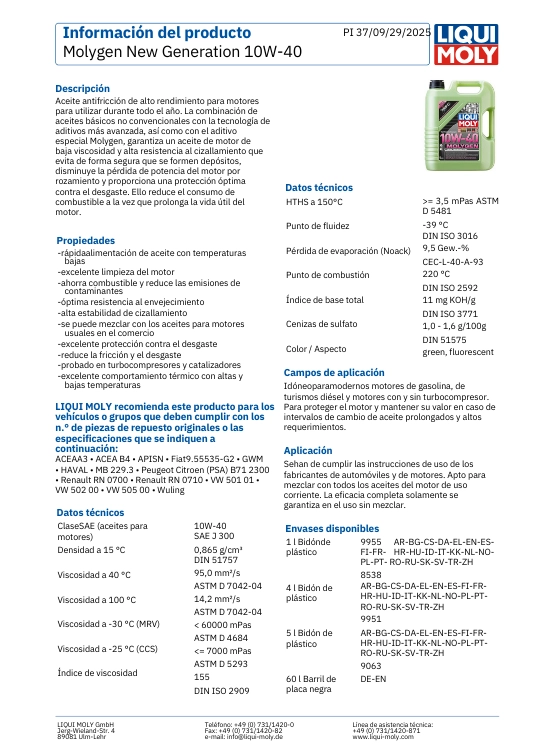 LUBRICANTE MOTOR 10W40 MOLYGEN NEW GENERATION LIQUI MOLY 5 LTS. - 2