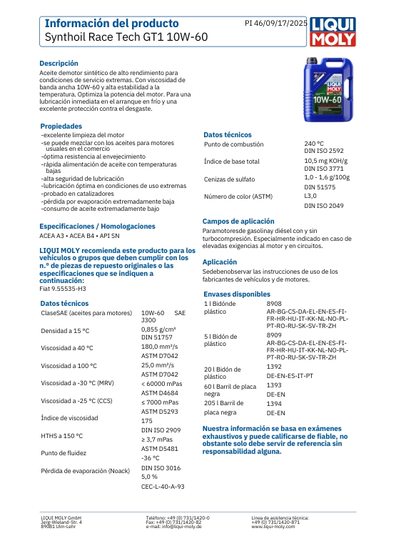 LUBRICANTE MOTOR 10W60 SYNTHOIL RACE TECH GT1 1 LT. LIQUI MOLY - 2