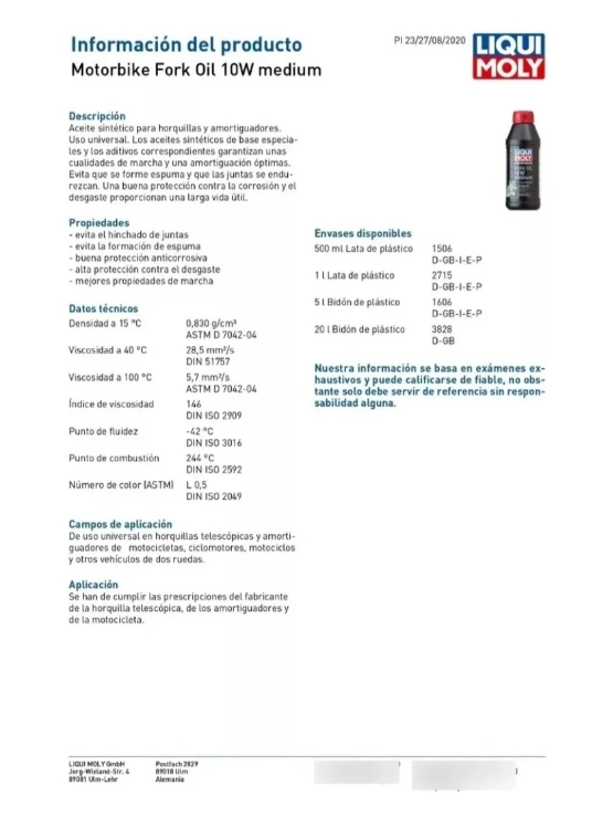 ACEITE HORQUILLA MOTORBIKE FORK OIL 10W MEDIUM 1 LT. - 2