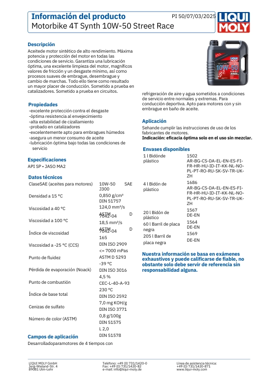 LUBRICANTE MOTOR PARA MOTO 10W50 STREET RACE 1 LT. LIQUI MOLY - 2