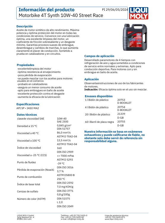 LUBRICANTE MOTOR PARA MOTO 10W40 4T STREET RACE 1 LT. LIQUI MOLY - 2