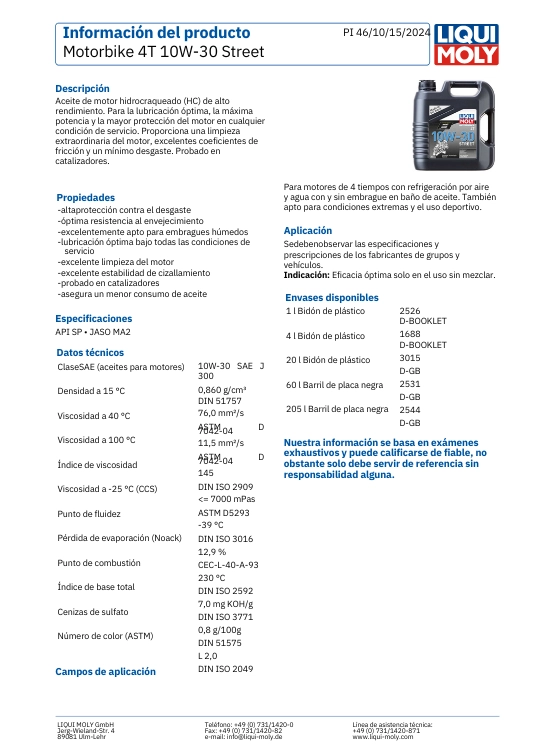 LUBRICANTE MOTOR PARA MOTO 10W30 SINTETICO 4T STREET 1 LT. LIQUI MOLY - 2