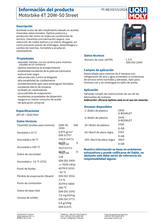 LUBRICANTE MOTOR PARA MOTO 20W50 MINERAL 4T STREET 1 LT. LIQUI MOLY - 2