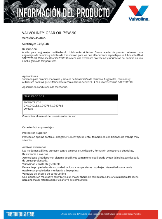 LUBRICANTE 75W90 GL4 DURABLEND CAJA CAMBIO MECANICA VALVOLINE 1 LT. - 3