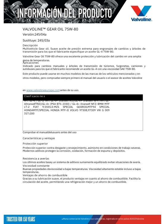 LUBRICANTE 75W80 GL4 CAJA CAMBIO MECANICA VALVOLINE 1 LT. - 2