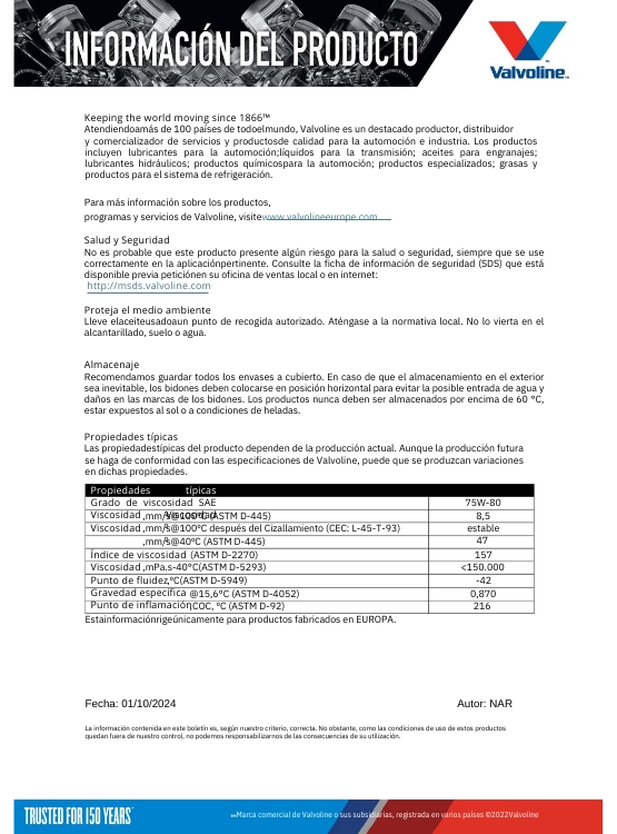 LUBRICANTE 75W80 GL4 CAJA CAMBIO MECANICA VALVOLINE 1 LT. - 3