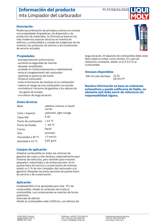 ADITIVO LIMPIA CARBURADOR MTX VERSAGER REINIGER LIQUI MOLY 300 ML. - 2