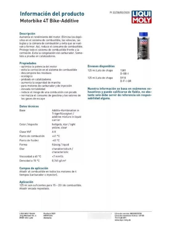 ADITIVO LIMPIA INYECTOR PARA MOTO 4T BIKE ADDITIVE LIQUI MOLY 125 ML. - 2