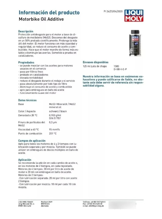 ADITIVO PARA EL ACEITE DE MOTO CON MOS2 LIQUI MOLY 125 ML. - 2