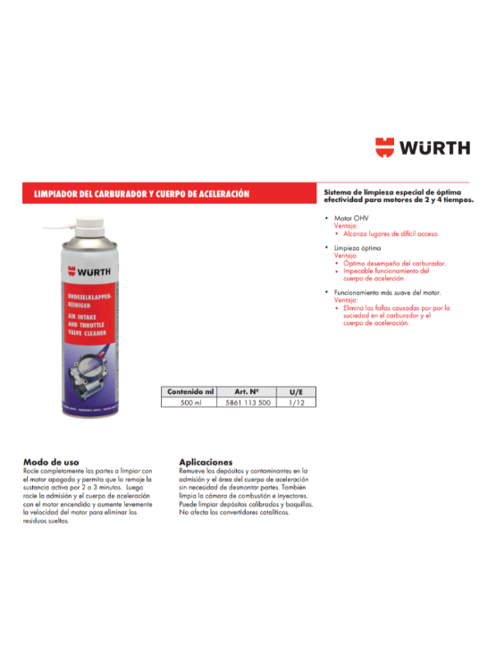 LIMPIADOR CUERPO ACELERACION Y ADMISION WURTH 500 ML. - 2