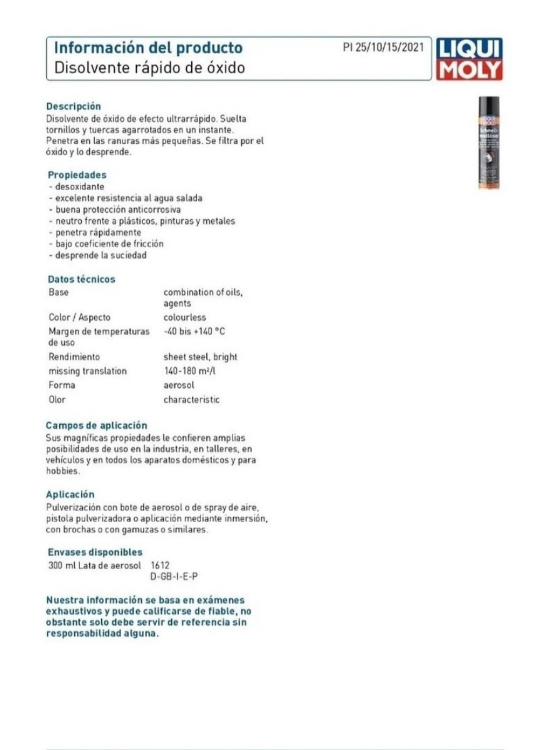 DISOLVENTE RAPIDO DE OXIDO LIQUI MOLY 300 ML. - 2