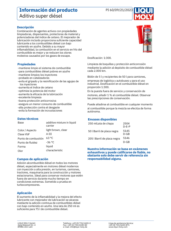ADITIVO LIMPIA INYECTOR SUPER DIESEL ADDITIV LIQUI MOLY 250 ML. - 2