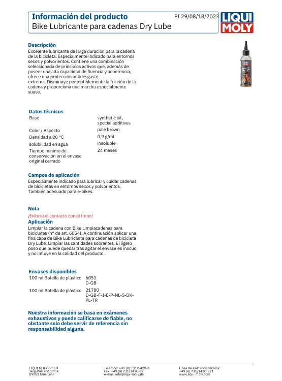 LUBRICANTE CADENAS BICICLETA AMBIENTE SECO LIQUI MOLY - 2