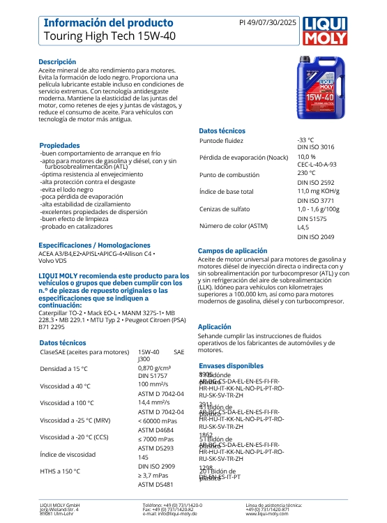 ACEITE PARA MOTOR TOURING HIGH TECH 15W40 LIQUI MOLY 5 LTS. - 2