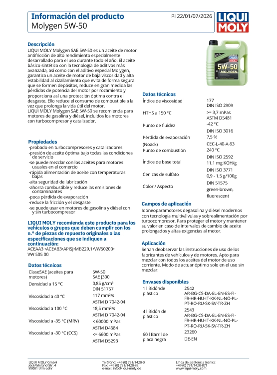 LUBRICANTE MOTOR 5W50 MOLYGEN NEW GENERATION 1 LITRO - 2