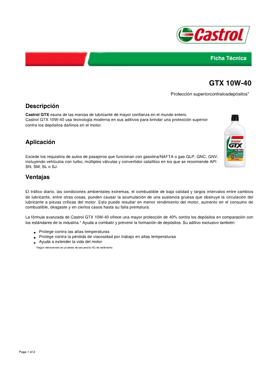 ACEITE MOTOR 10W40 CASTROL GTX 3.78 LTS. - 2