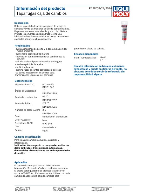ADITIVO TAPA FUGAS CAJA MANUAL Y DIFERENCIALLIQUI MOLY 50 ML - 2