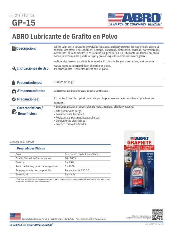 LUBRICANTE DE GRAFITO EN POLVO MARCA ABRO 15 GRS. - 2